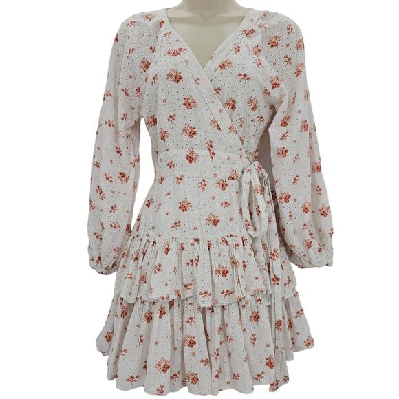 Maia Bergman Womans size M Ines Floral Eyelet Tiered True Wrap Mini Dress Ivory - Picture 1 of 8